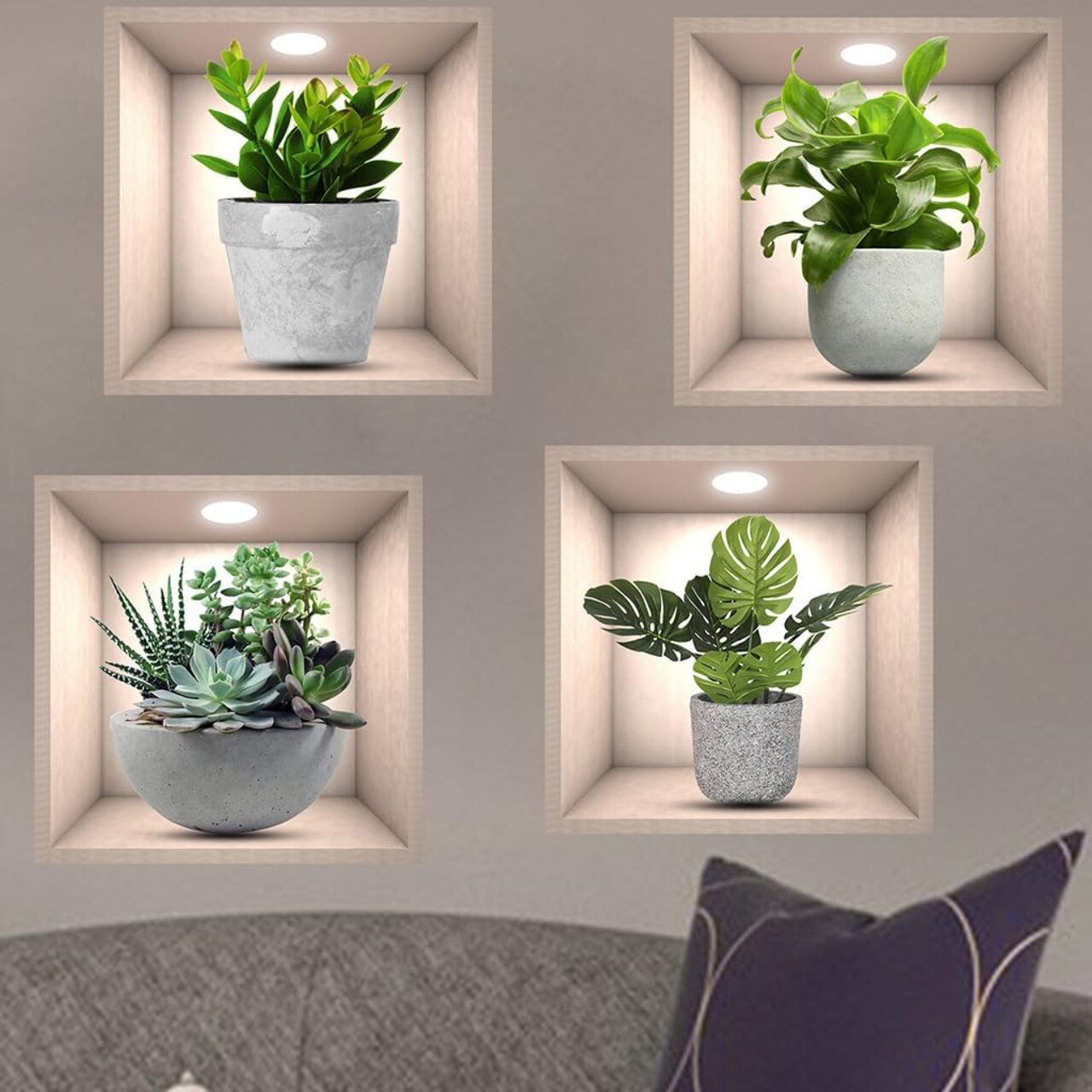 4 Pack 3D Green Plants Wall Stickers Botanical Plants Wall Decals for Bedroom Living Room Kitchen